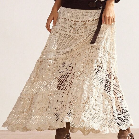 Apricot Casual Women's Boho Vacation Crochet Hollow-Out Sweater Skirt - Picture 9 of 10